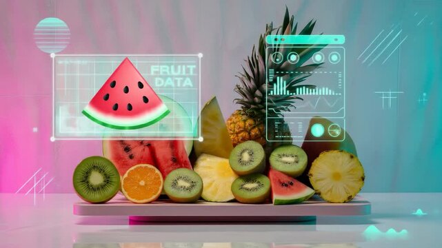 Digital display showcasing sliced fruits with technology overlay  