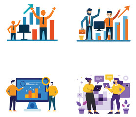 Obraz premium Business Success and Teamwork Illustrations Set on Transparent Background set four business