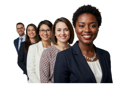 Diverse group of smiling business professionals standing in a line together isolated on transparent background