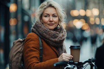 Beautiful middle-aged woman commuting through the city, enjoying a coffee while buying it in front of her office. Capturing the experience of a female city commuter traveling by bike, Generative AI