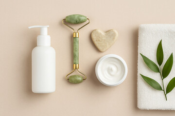 Flat Lay of Skincare and Beauty Essentials on Neutral Background