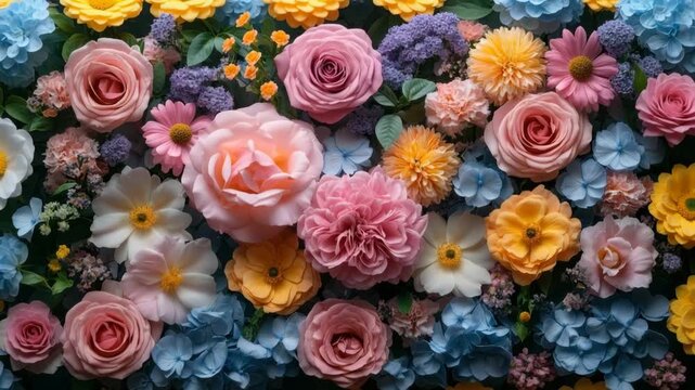 Colorful floral arrangement with pink rose, yellow daisy, blue hydrangea, and vibrant blossoms creating cheerful pattern full of natural beauty and freshness in floral display