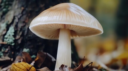 Delicate Mushroom Growing Among Autumn Leaves and Tree Bark