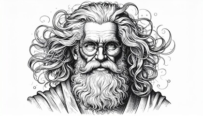 Obraz premium Detailed Pen and Ink Drawing of an Elderly Man with Long Hair and Beard