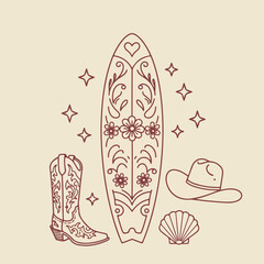 Monochromatic Reddish-Brown Line Art of Surfboard with Floral Motif, Cowboy Boot and Hat, and Seashell on Beige Background – Vintage Minimalist Vector