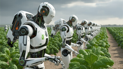 Fototapeta premium Robots working in a futuristic farm. Future farming, agriculture, harvesting