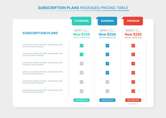 Subscription Plans Pricing Comparison Table Infographic Template with 3 Packages