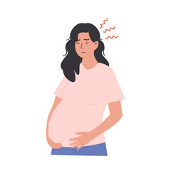 Pregnant woman in third trimester experiencing headache, discomfort, pain and fatigue symptoms. Late pregnancy hormonal changes and physical strain. Vector Illustration isolated on white background.
