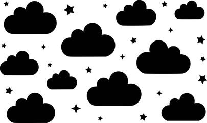Simple black clouds and stars pattern on white background design