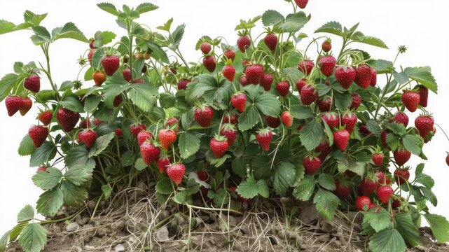 A cluster of strawberry plants growing in a patch of dirt, with green leaves and red fruit