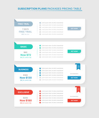 Subscription Plans Pricing Comparison Table Infographic Template with 4 Packages