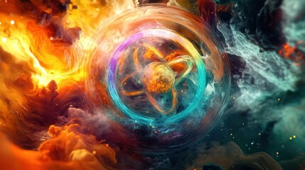 Colorful Atomic Structure Amidst Cosmic Swirls and Nebulae Effects