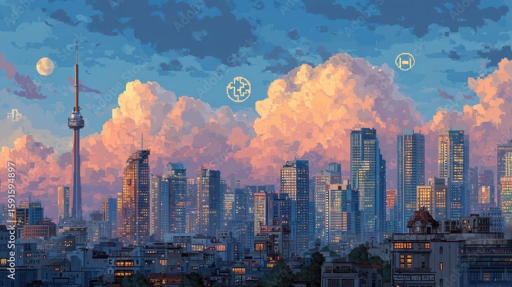 Aufkleber cityscape featuring pixel art game elements with vibrant clouds and ui symbols floating in the sky a