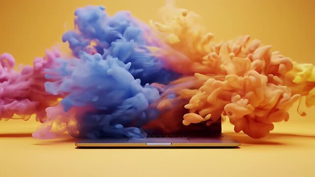 Laptop Emitting Pink Yellow and Blue Smoke on Warm Yellow Background for Adobe Stock