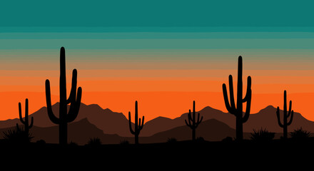 Cactus silhouette against vibrant sunset with mountain view