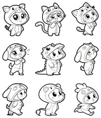 Set of cute  animal mascots character, For kids coloring book, Kawaii cartoon animals, vector illustration