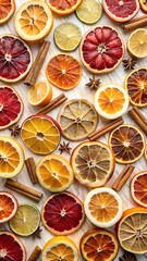 Ai generated image of a vibrant flat lay of sliced citrus fruits, cinnamon sticks, and star anise creating a colorful food background