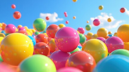 Colorful Bouncing Balls Floating in a Bright Blue Sky Background