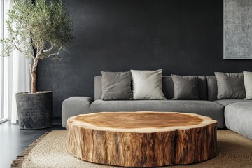 Rustic coffee table made from a tree trunk, positioned near a sofa against a black wall with ample copy space. Minimalist home interior design for a modern living room, Generative AI