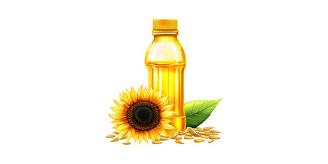 Sunflower Oil Bottle With Seeds And Flower. Healthy Cooking Ingredient Isolated On Transparent Background