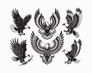 Obraz premium Collection of six black and white eagle illustrations in various poses on a white background