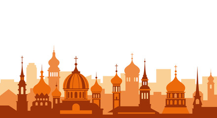 Sunset silhouette of moscow skyline with iconic russian architecture