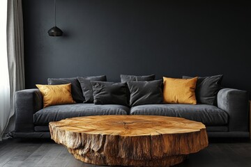 Rustic coffee table made from a tree trunk, positioned near a sofa against a black wall with ample copy space. Minimalist home interior design for a modern living room, Generative AI
