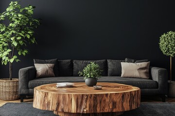 Rustic coffee table made from a tree trunk, positioned near a sofa against a black wall with ample copy space. Minimalist home interior design for a modern living room, Generative AI