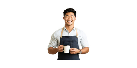 Smiling Barista Holding Coffee Mug. Hospitality And Customer Service Concept Isolated On Transparent Background