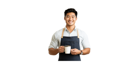 Smiling Barista Holding Coffee Mug. Hospitality And Customer Service Concept Isolated On Transparent Background