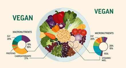 A vibrant vegan bowl showcasing a balanced diet with macronutrient and micronutrient pie charts illustrating nutritional composition.