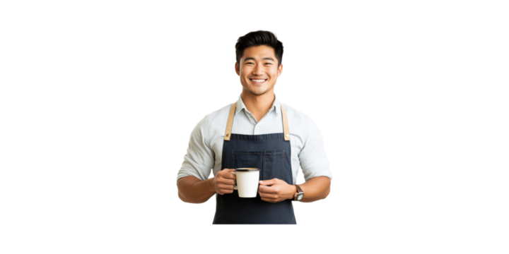 Smiling Barista Holding Coffee Mug. Hospitality And Customer Service Concept Isolated On Transparent Background