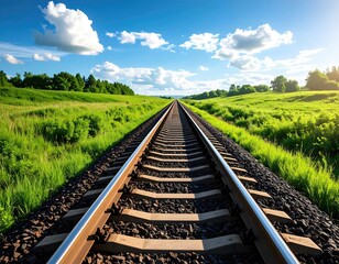 Railroad tracks stretching into a bright landscape