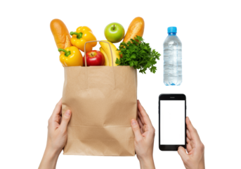 Adult hands hold a brown paper grocery bag overflowing with vibrant fresh produce (bell peppers, apples, bananas), baguette, beverages. A modern smartphone with blank screen rests on a white