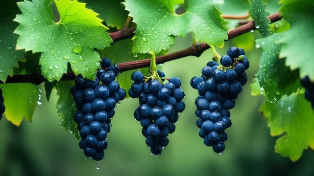 Ripe blue grape cluster hanging on vine with fresh green leaf and water droplet showcasing vibrant vineyard natural freshness healthy organic fruit agriculture outdoor berry