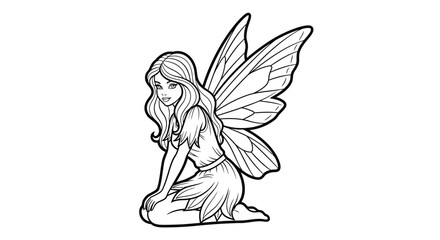 Fairy Kneeling Wings Folded Intricate Adult Coloring Page Serene Whimsical Fantasy Art