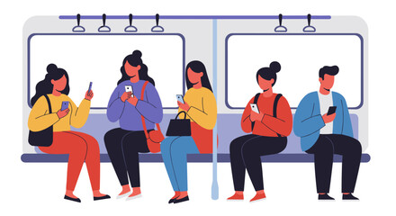 Commuters using smartphones on public transit in modern flat design