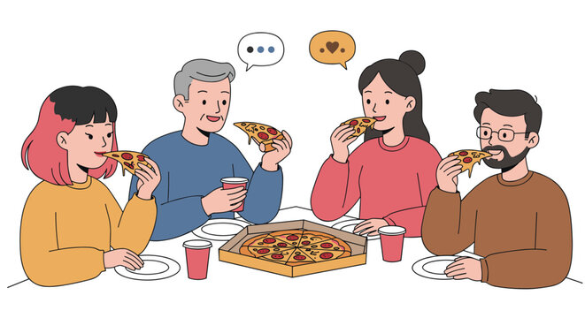 Group of friends enjoying pizza and drinks with smiling conversations