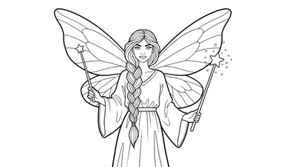 Fototapeta premium Fairy Braided Hair Holding Wand Intricate Adult Coloring Page Magical Whimsical Fantasy