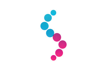 Minimalist colorful abstract S shaped logo formed with gradient circular dots, blue to pink DNA helix inspired symbol for technology, biotech, medical, branding design concept on white background