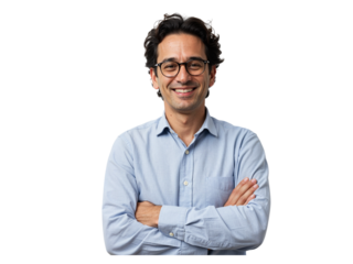 Smiling confident businessman wearing glasses and a light blue shirt with arms crossed isolated on transparent background