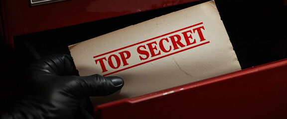 Gloved hand extracting 'top secret' document from red file cabinet – classified information, espionage, and confidential research concept