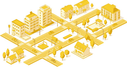 Urban isometric cityscape with roads, buildings, and cars in monochrome yellow