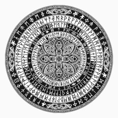 Naklejka premium Create a mandala using ancient runes and circle borders,detailed black line art in solid fill