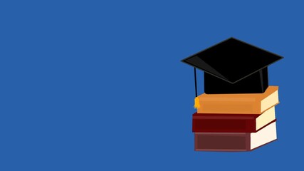 graduation cap and books. Graduation concept animation with copy space. Book stack with graduation cap. Education achievement symbol. Study hard theme. New student admission concept.