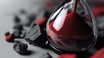 Red sand hourglass broken stone modern minimal style dramatic lighting time concept close up abstract urgency monochrome focus
