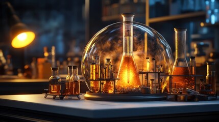 Laboratory Scene with Glassware and Colorful Chemical Reactions