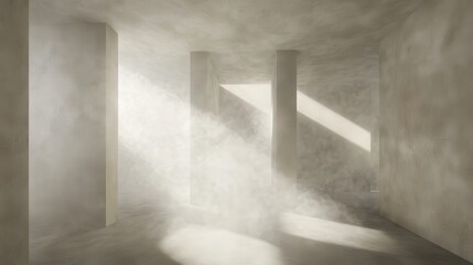 Fototapeta premium Light Rays in Minimalist Room with Smoke and Concrete Walls