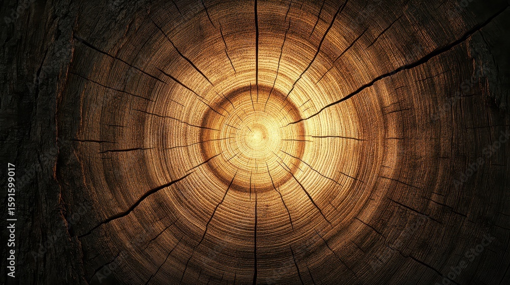 Poster close-up view of tree ring patterns with warm light effect