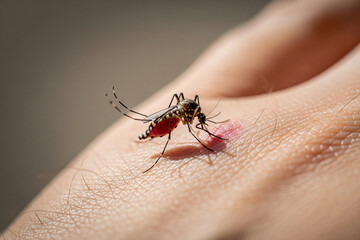 Macro Photography: Mosquito Feeding on Human Skin, Detailed Close-up
